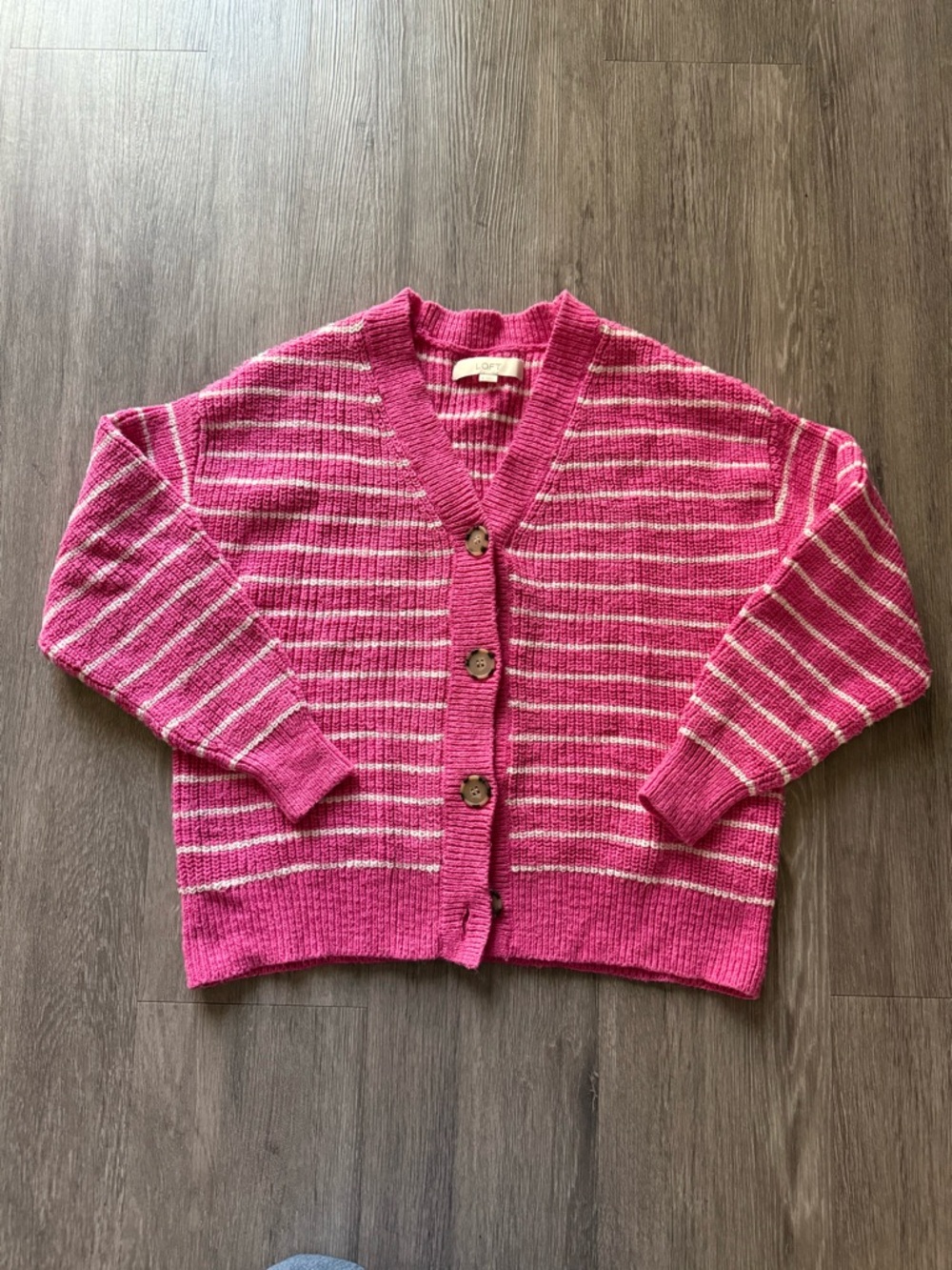 LOFT Pink and White Striped V-Neck Button Cardigan Cotton Preppy Colorful